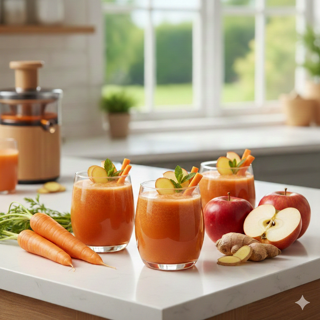 신선한 당근, 사과, 생강으로 만든 CAJ 해독 주스 레시피 이미지